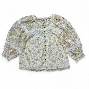 Fate Yellow Floral Lace‎ Peasant Blouse Top Balloon Sleeve Button Up Women's M